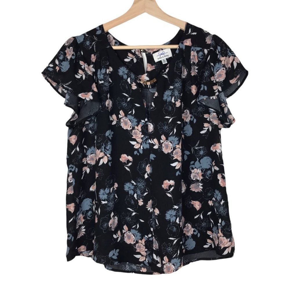 Twine & String Black Floral Flutter Short-Sleeve Top  Size X-Large